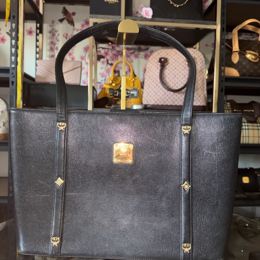 MCM Black Leather Tote with Gold Emblems